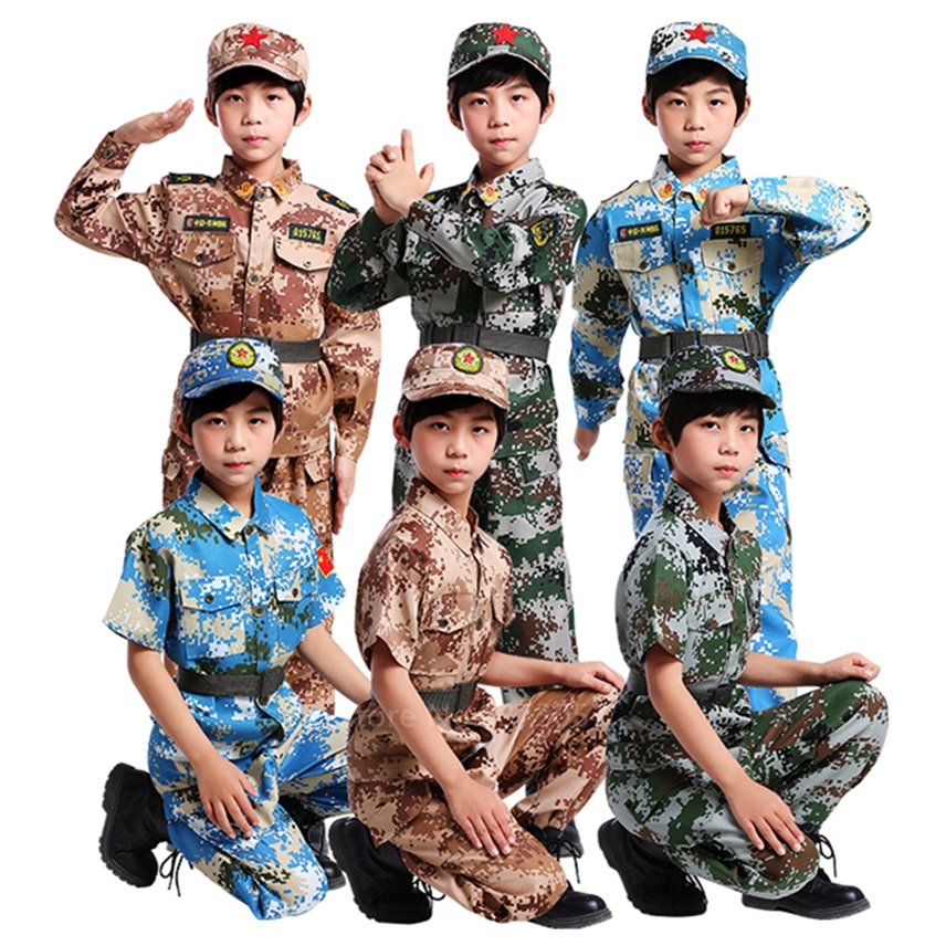 소년 위장 의류 키즈 육군 특수 부대 군복 무대 공연 의상 탑 + 바지 + 벨트 + 모자 세트, 110-160CM